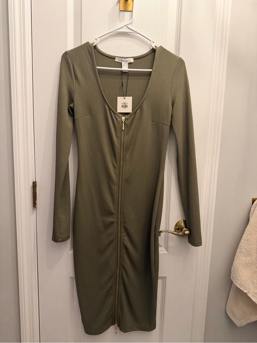 Revamped Olive Ribbed Zip-Front Long Sleeve Dress